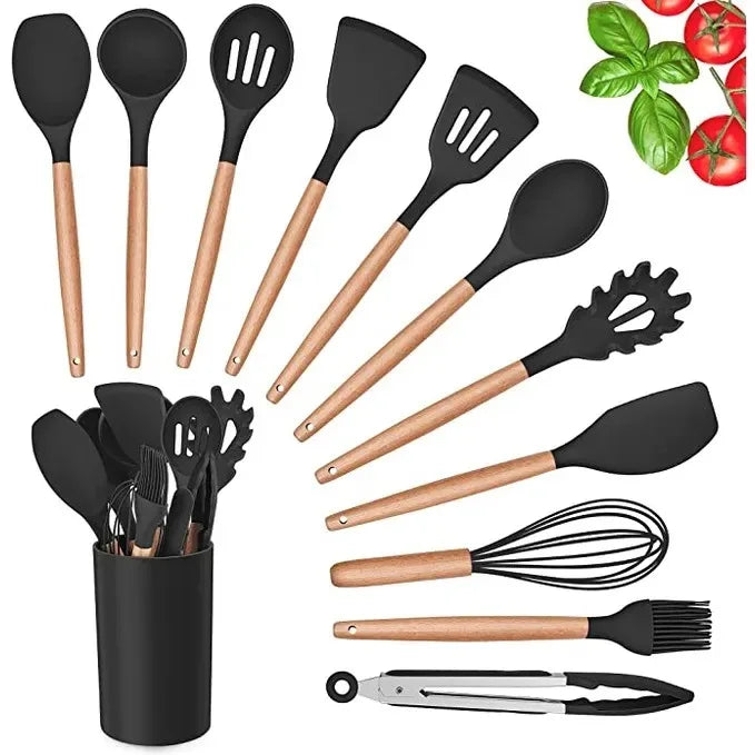 Silicone Spoon Kit for Kitchen, BPA Antirust, Wood Set Kitchen Utensils Set, 12 Pieces