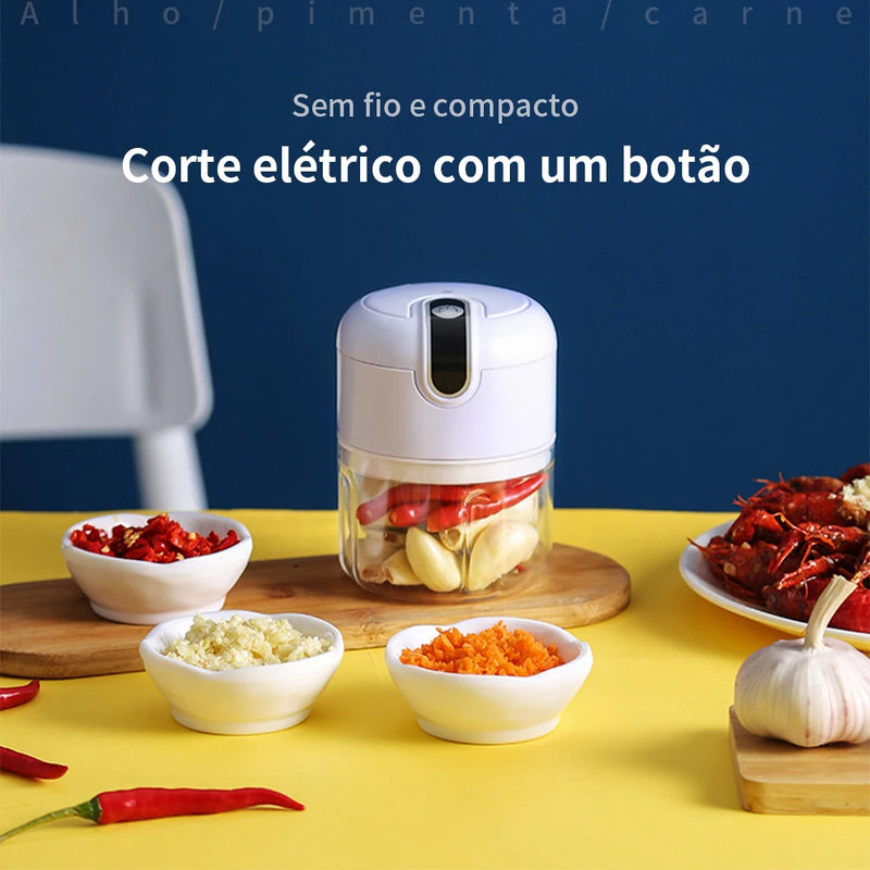 Mini Processador Triturador Elétrico 3 Laminas Moedor Alho Cebola Carne Vegetais Fruta Amendoim Recarregável USB 250ml