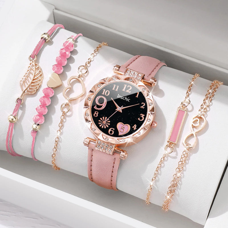 6PCS/Set Moda Coração Dial Relógio Feminino Casual Pulseira de Couro Relógio de Quartzo Analógico Folha Pulseiras Conjunto (Sem Caixa)