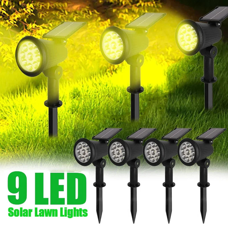 9 led holofotes solares para lâmpada ao ar livre, impermeável com brilho ajustável, ip65, para jardim, quintal, garagem, pátio, decoração