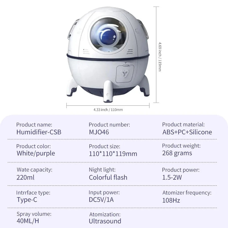 Umidificador de Ar Recarregável USB, Cápsula Espacial, Aromaterapia Névoa, Difusor de Água, 7 Cores, Luz Atmosfera, 220ml